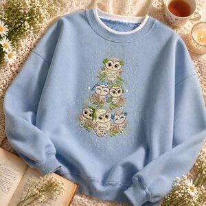 Owl Embroidered Sweatshirt Cottagecore Blue Fleece Pullover M